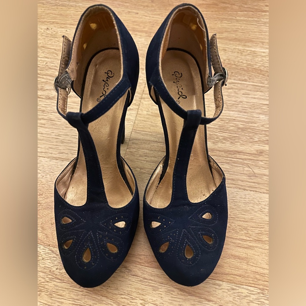 Qupid Navy T-Strap Heels Navy Blue Suede Eyelet Toe Design